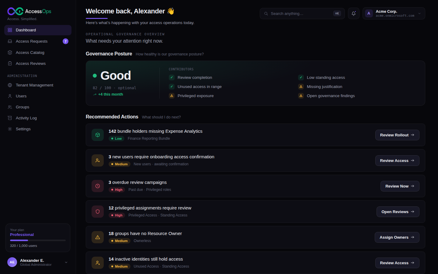 AccessOps Admin – Governance Cockpit mit Posture-Score und empfohlenen Aktionen