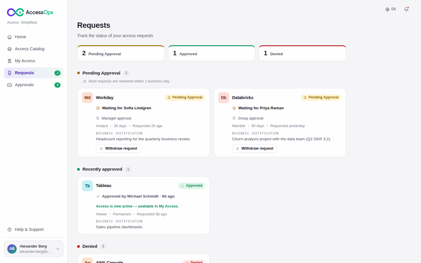 AccessOps Portal – Requests mit Live-Status und Genehmiger